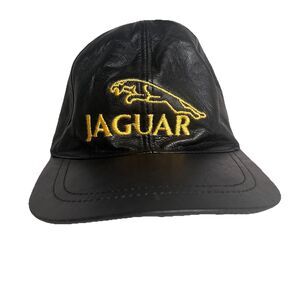 Jaguar Hat Baseball Cap Leather Adjustable Black Embroidered Yellow Logo Clean